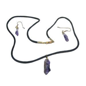 Set 2 Necklace Earrings Strand 20 Inch Amethyst Stone Pendant Dangle Purple